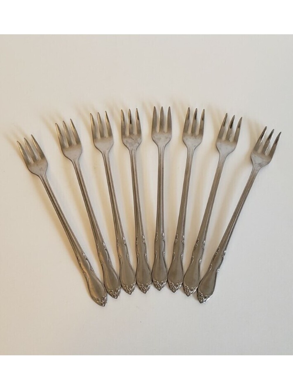 Vintage Cocktail Forks Simeon L & George H Rogers Stainless 3 Prong Lot of 8
